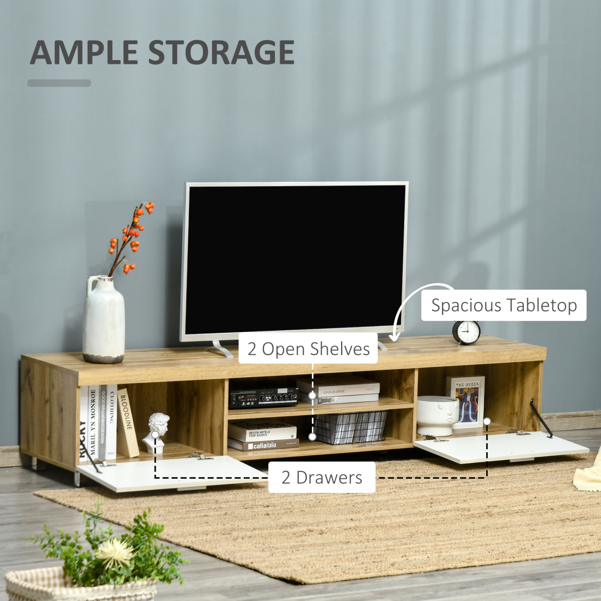 Stylish Light Brown TV Stand with Storage & Open Shelves for Modern Living