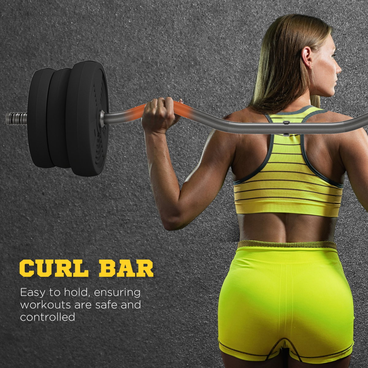 Barbell with black weight plates and additional weight discs