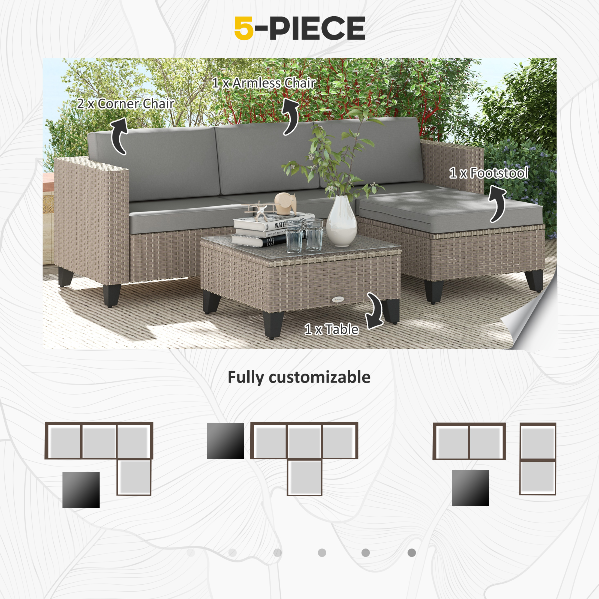 5-Piece Rattan Garden Set with Glass Coffee Table - Brown