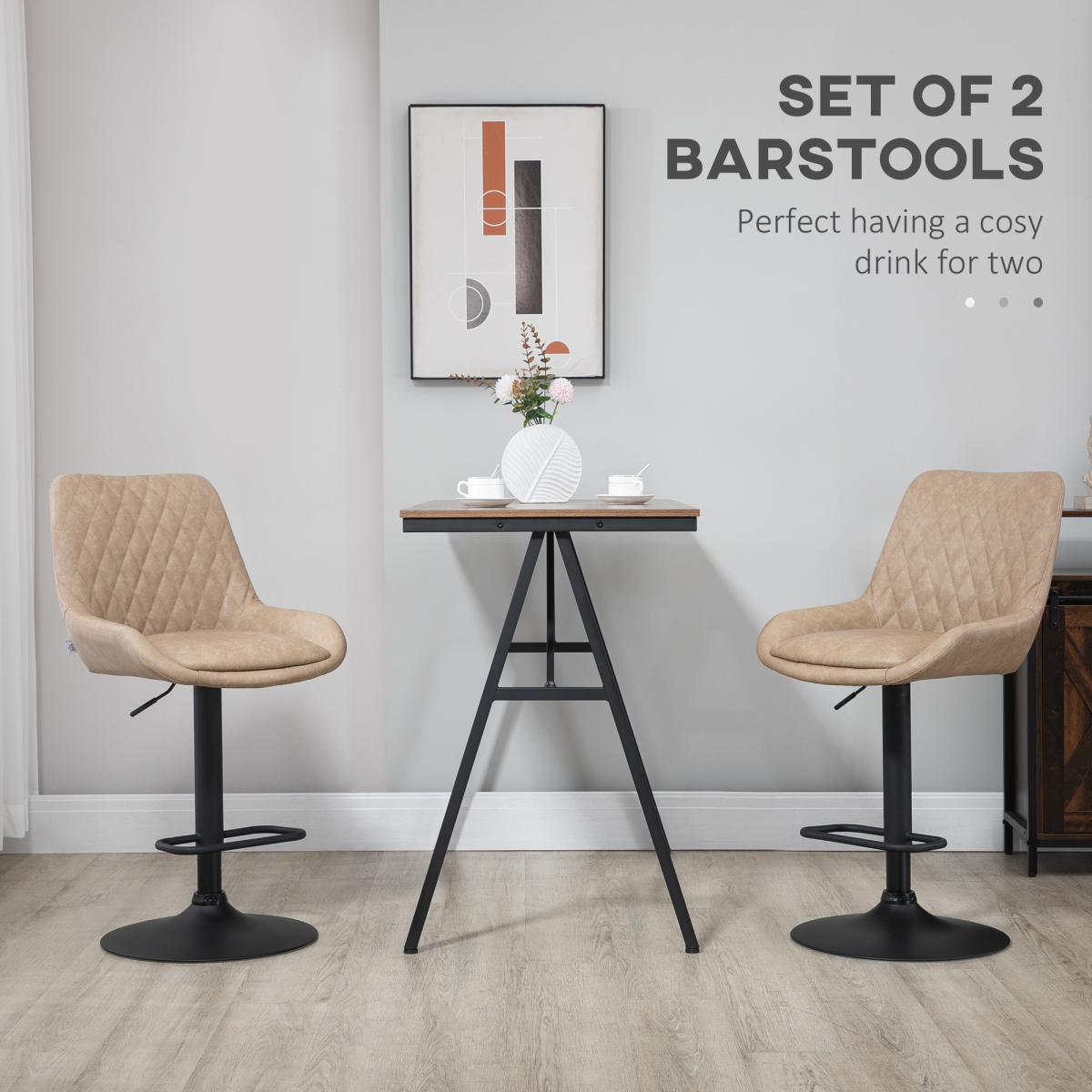2-Pack Adjustable Bar Stools, 360° Swivel, Faux Leather, Khaki