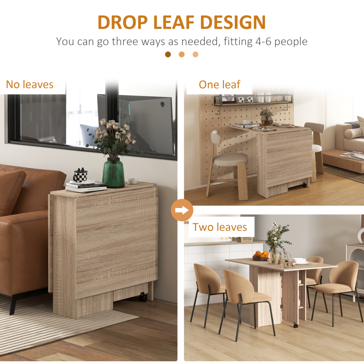 Mobile Drop-Leaf Extendable Dining Table with Shelves and Wheels
