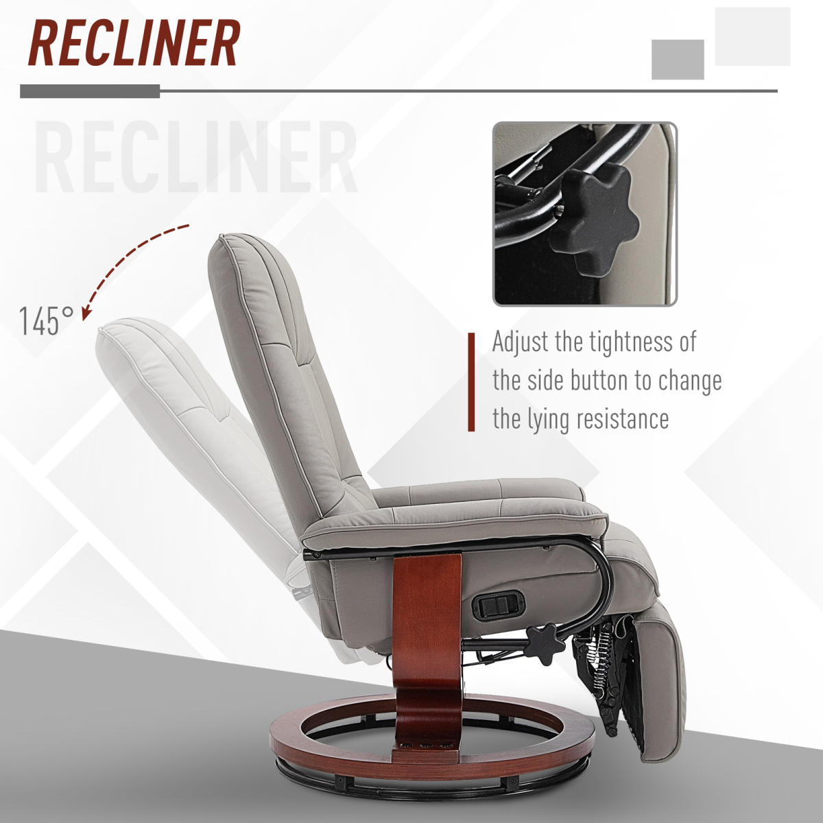 Ergonomic PU Leather Recliner Sofa with Footrest in Grey