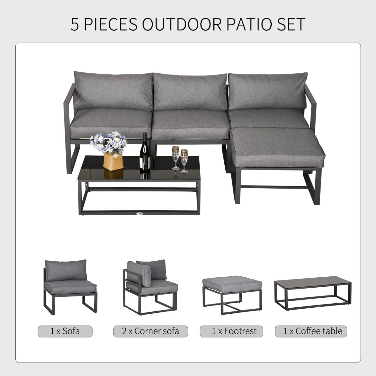 5-Piece Outdoor Patio Set with Cushions & Tempered Glass Table