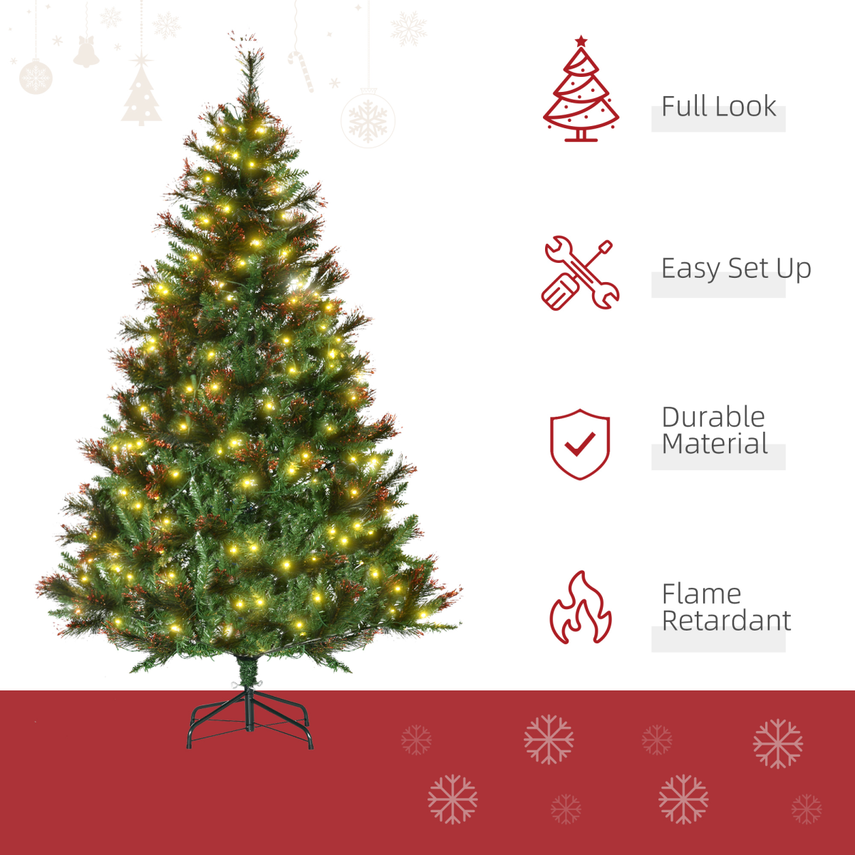 6ft Pre-Lit Christmas Tree with 200 LEDs, 616 Branch Tips, Gold Tips