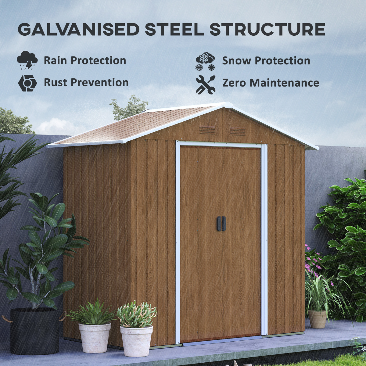 6.5x3.5ft Brown Wood-Effect Metal Garden Shed with Lockable Door