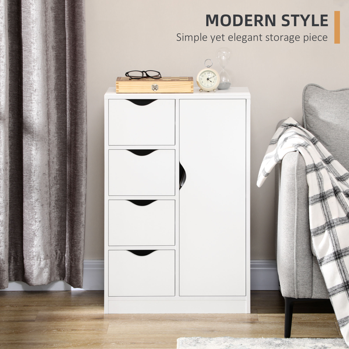 Ultimate Modern White Storage Cabinet: 4 Drawers & 1 Shelf for Clutter-Free Living