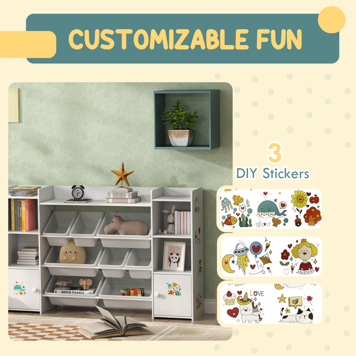 AIYAPLAY Kids Toy Storage Organizer with 8 Removable Bins - White