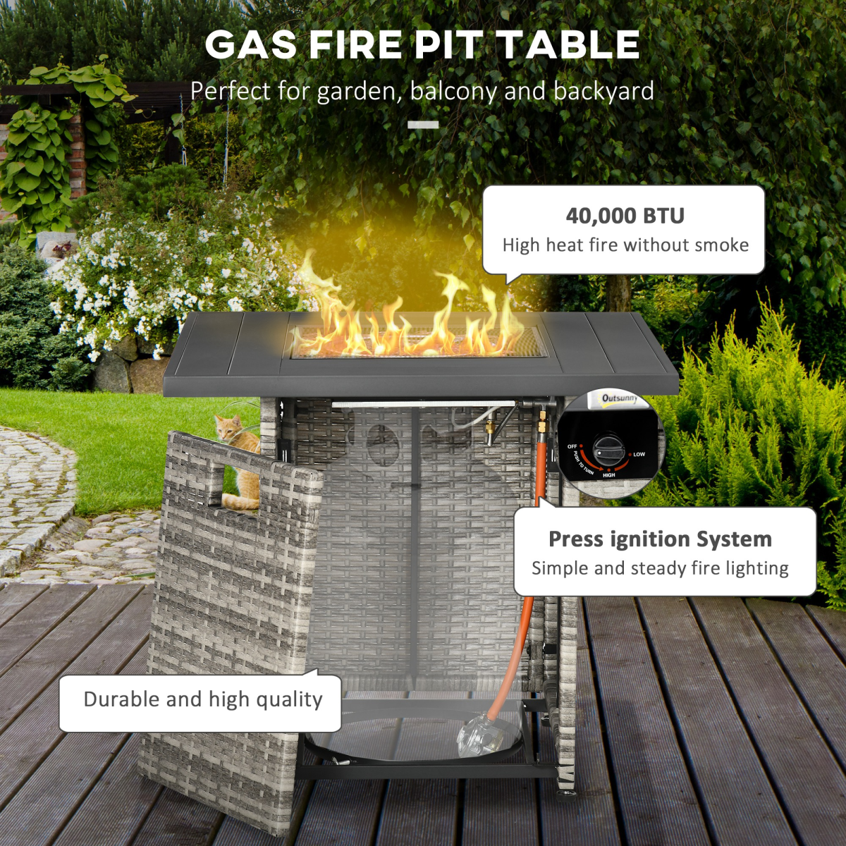 40,000 BTU Gas Fire Pit Table with Rain Cover, Lid & Smokeless Burner
