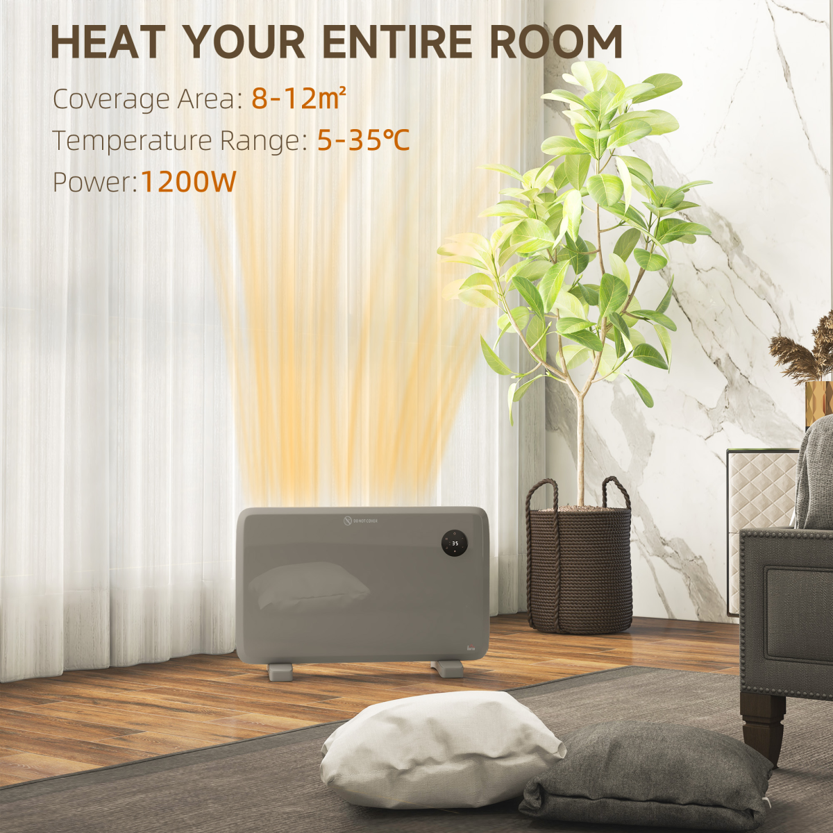 1200W Slimline Electric Heater with LED Display - Quiet, Modern & Safe