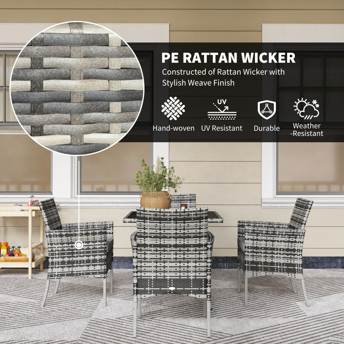 4-Piece Rattan Garden Set with Tempered Glass Table - Grey