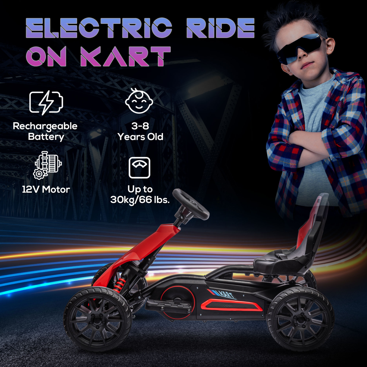 12V Electric Go Kart with 2 Speeds, Forward/Reverse, 3-8 yrs, Red
