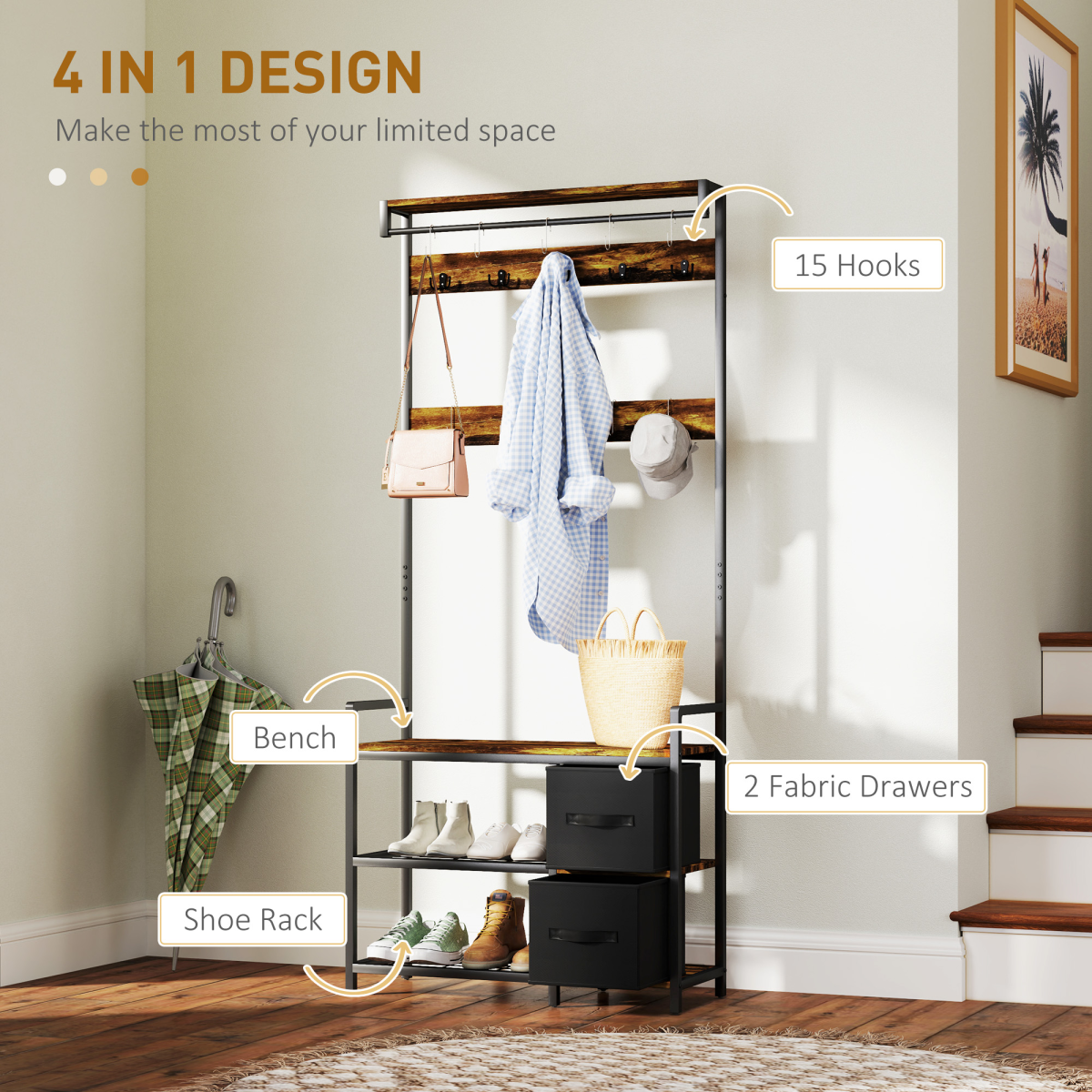 Stylish 4-in-1 Hall Tree: Coat Rack, Shoe Storage & Bench - Rustic Charm