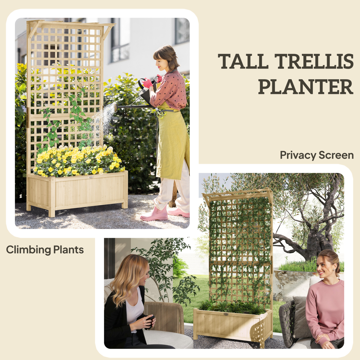 Wooden Planter with Trellis for Climbing Plants - Natural Finish
