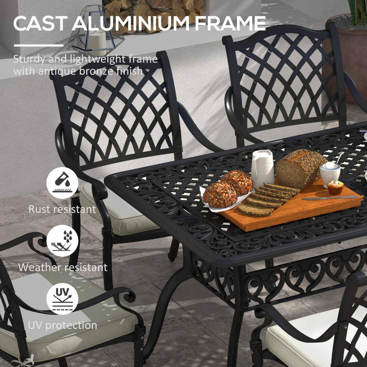 7-Piece Cast Aluminium Patio Dining Set with Umbrella Hole & Cushions