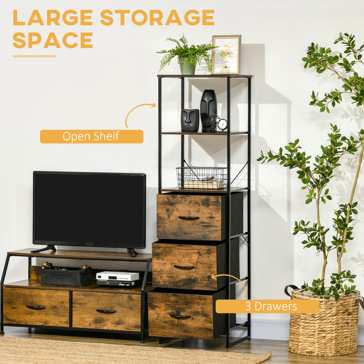 Rustic Brown Industrial Storage Cabinet with 2 Shelves & 3 Fabric Drawers