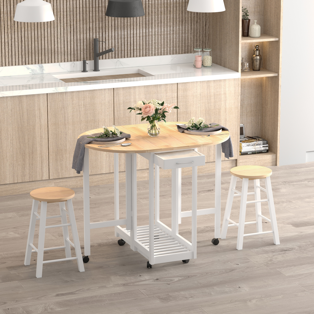 Versatile 3-Piece Wooden Kitchen Cart Set with Rolling Stools & Space-Saving Design