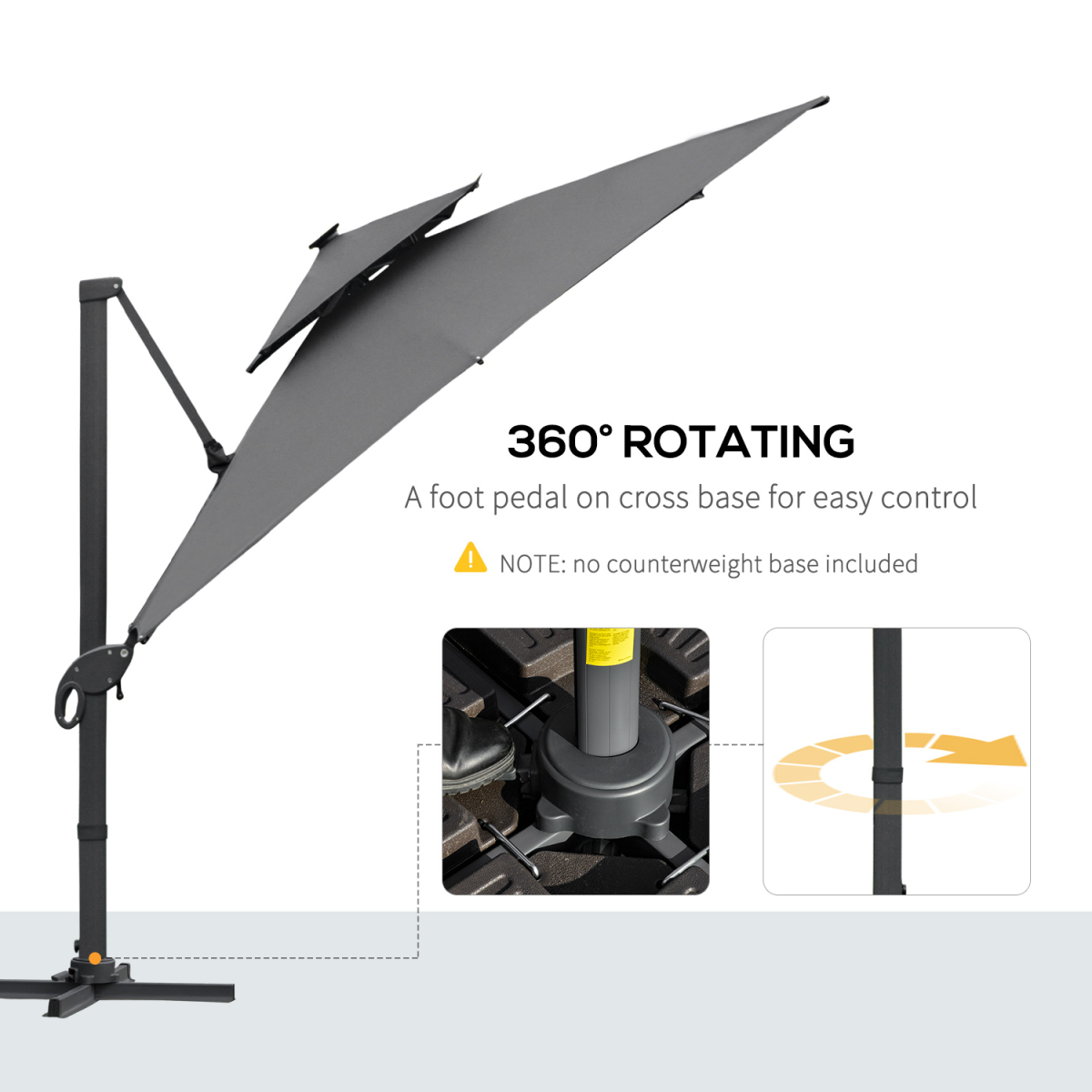 3x3m Cantilever Umbrella with Solar Power Bank & LEDs, Dark Grey