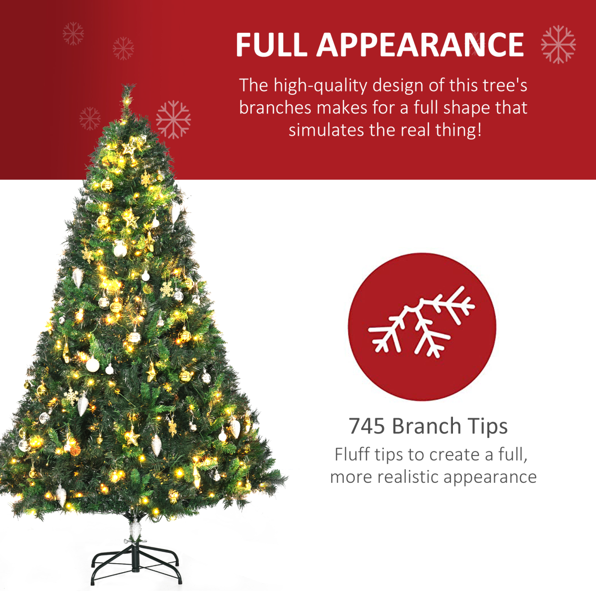 1.8m Pre-Lit Artificial Christmas Tree with 200 LEDs, Decorative Balls & Stand