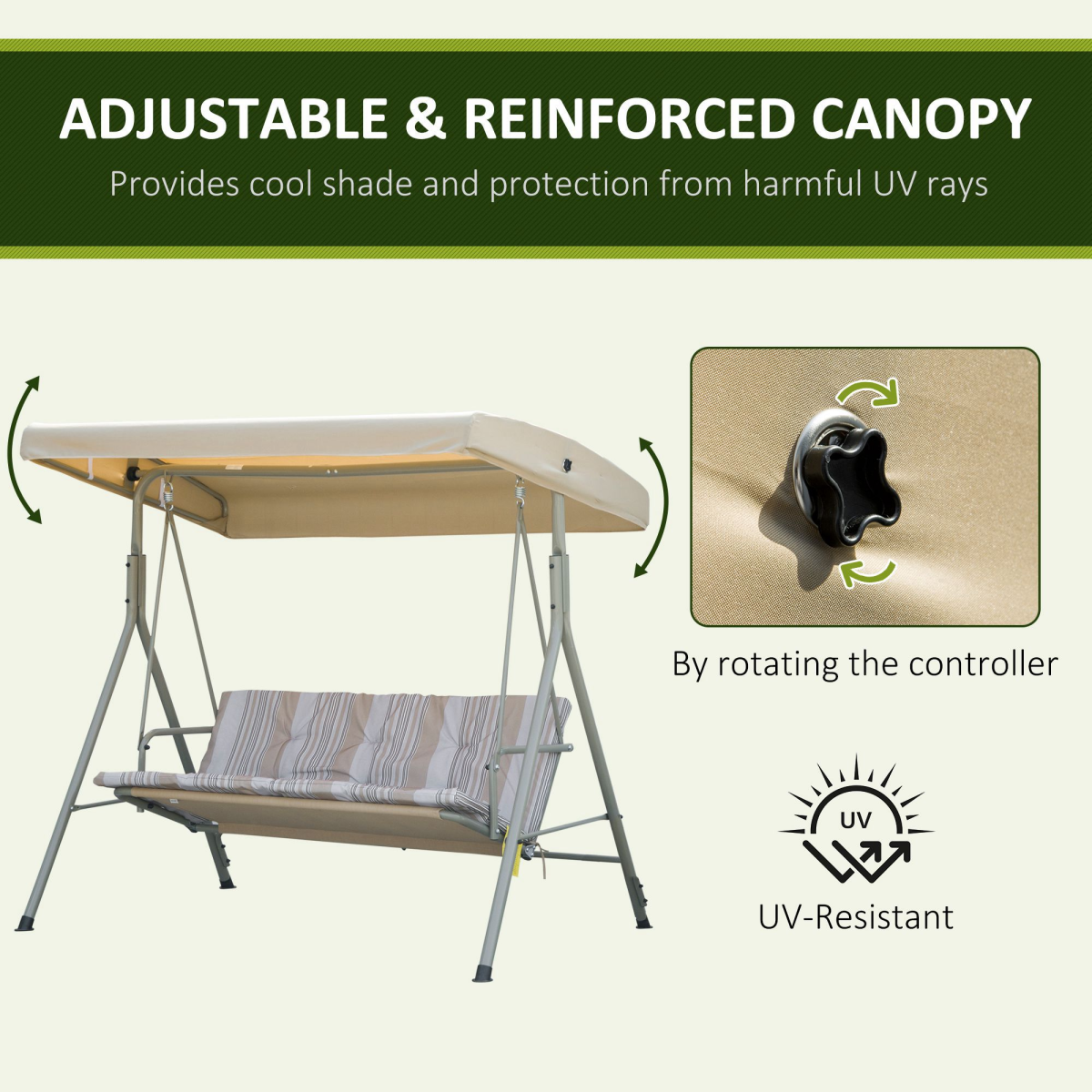 Premium 3-Person Porch Swing with Canopy - Outdoor Lounge Chair Light Brown