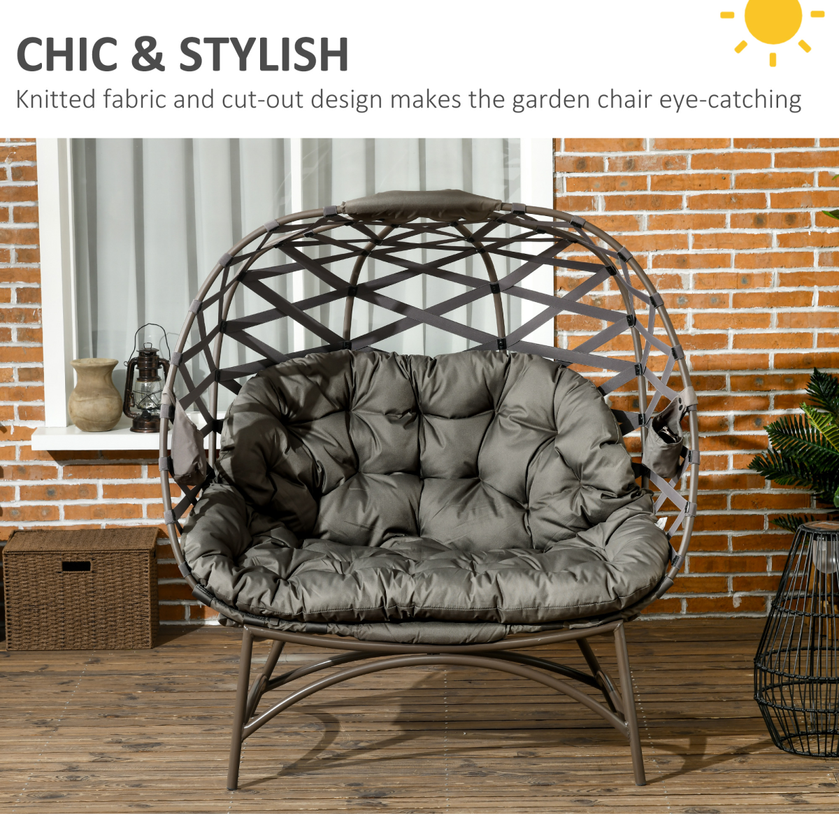 2-Seater Egg Chair with Cushion & Cup Pockets - Sand Brown