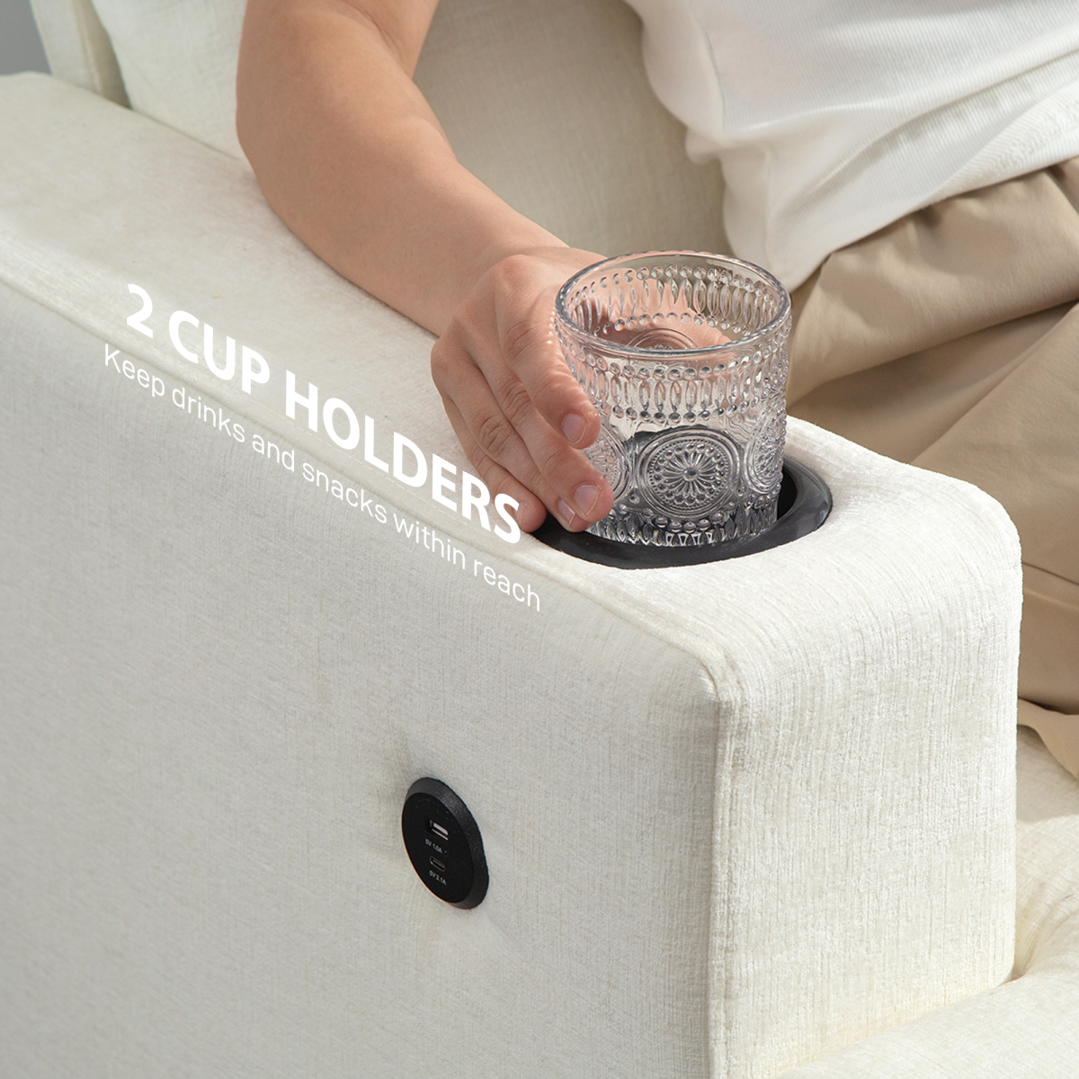 Cozy 3-Seater Sofa with USB Ports & Cup Holders - Cream Chenille Bliss