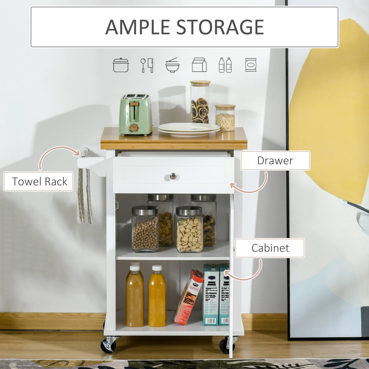 Elegant Rolling Kitchen Cart with Drawer & Towel Rail - Versatile White Design