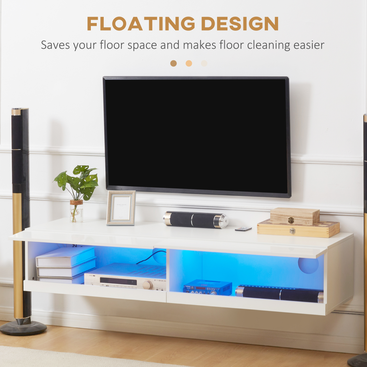 Modern High Gloss Floating TV Stand with LED Lights & Storage - White