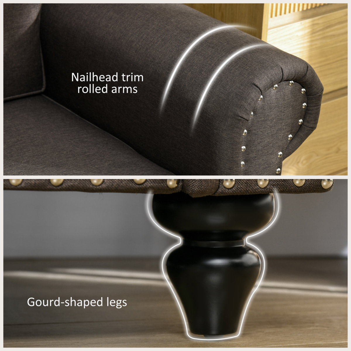 2-Seater Sofa with Nailhead Trim – Dark Brown, Mid-Century Style