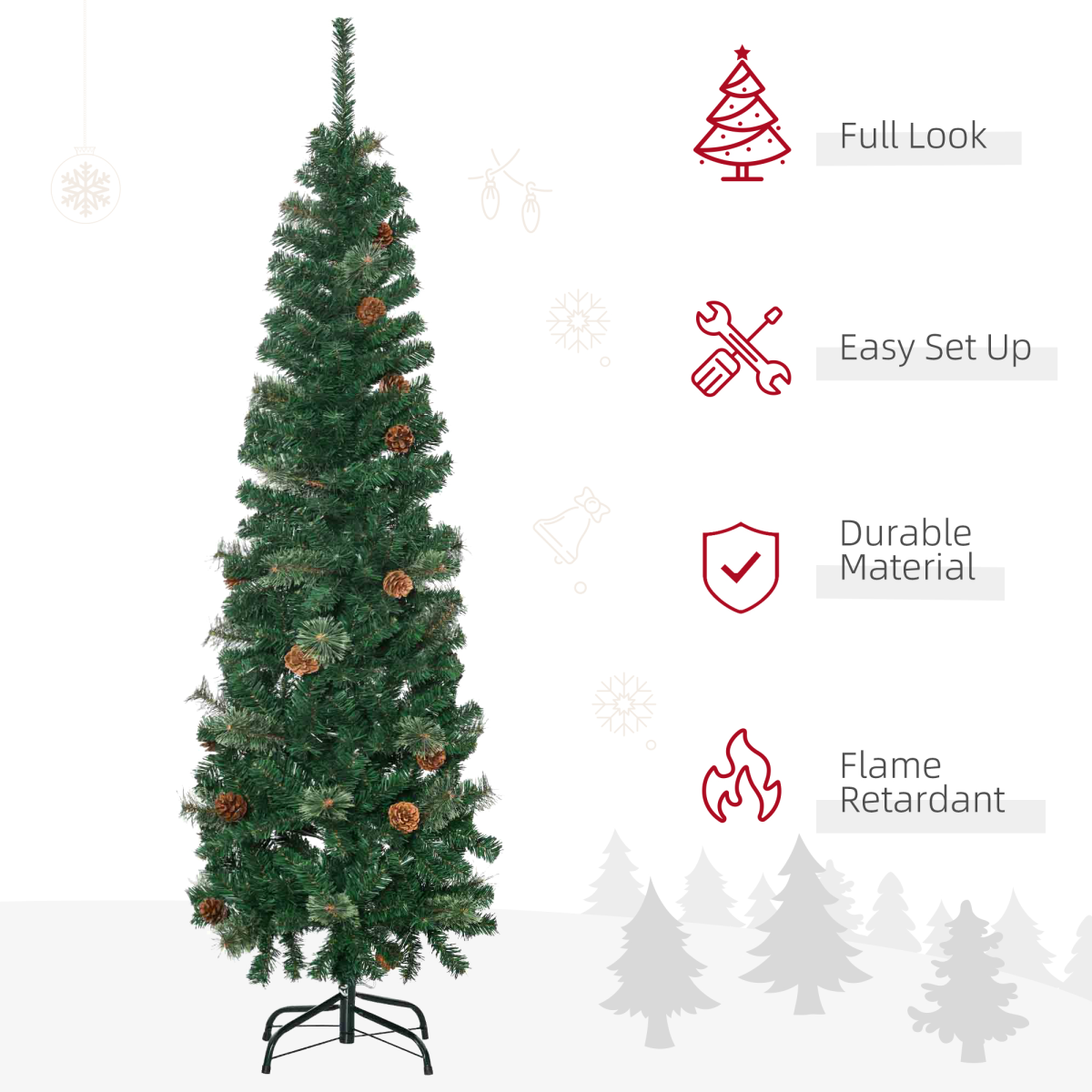 5.5ft Slim Artificial Christmas Tree with Pine Cones - Easy Setup (HOMCOM)