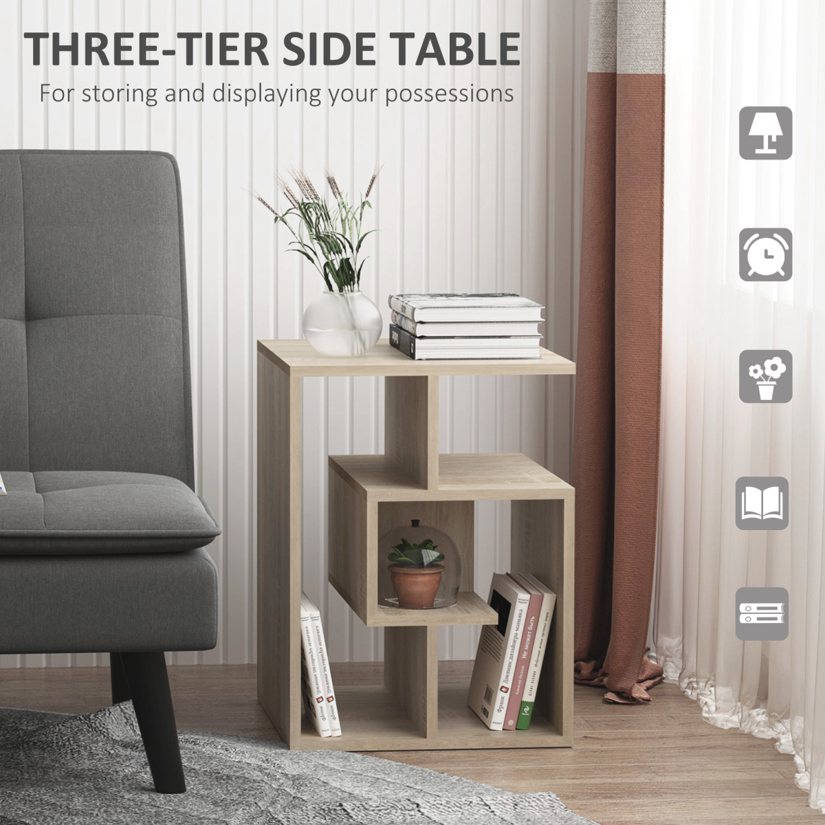 Oak 3-Tier Side End Table, 55cm High, 10kg Load Capacity