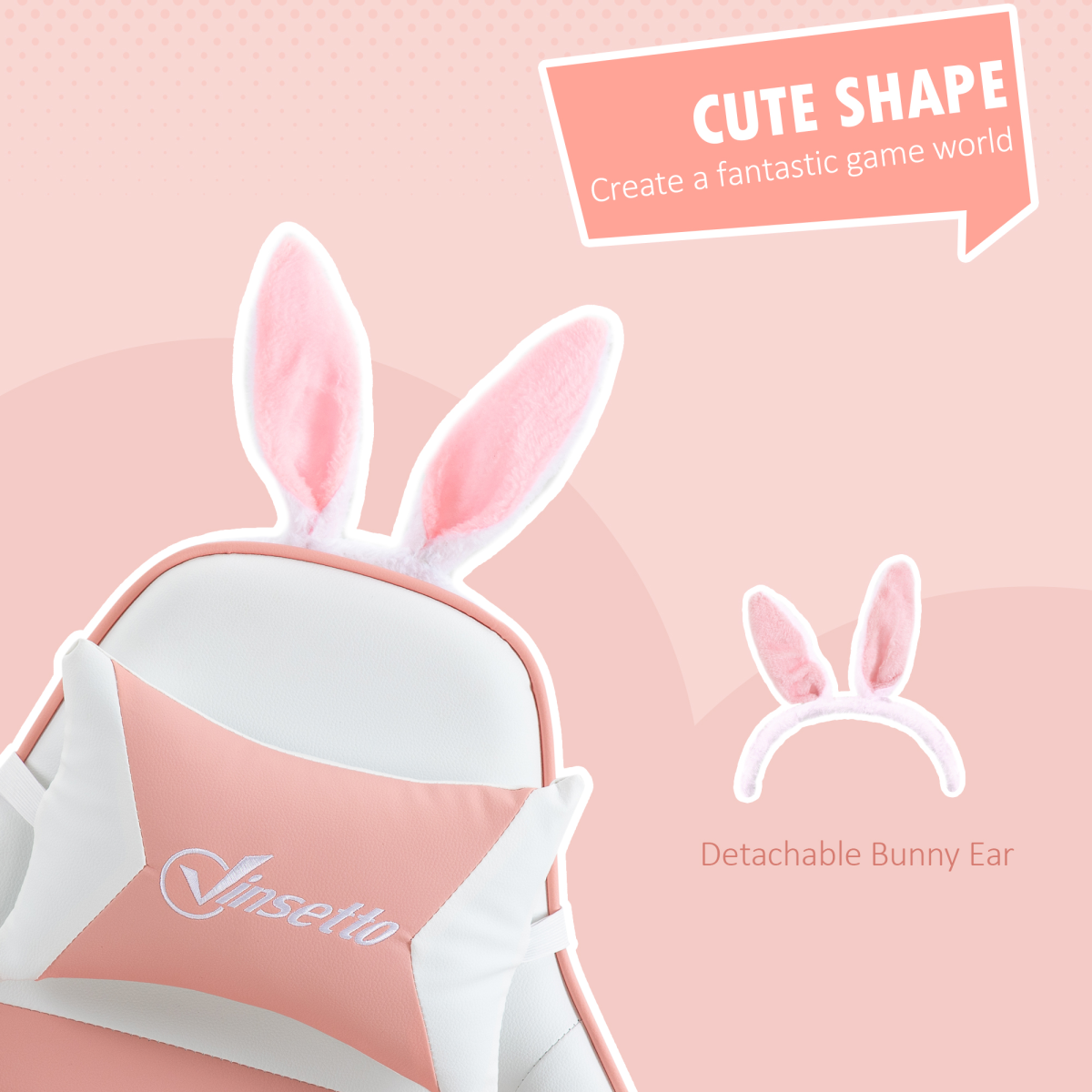 Vinsetto Pink Racing-Style Gaming Chair with Removable Rabbit Ears & Footrest
