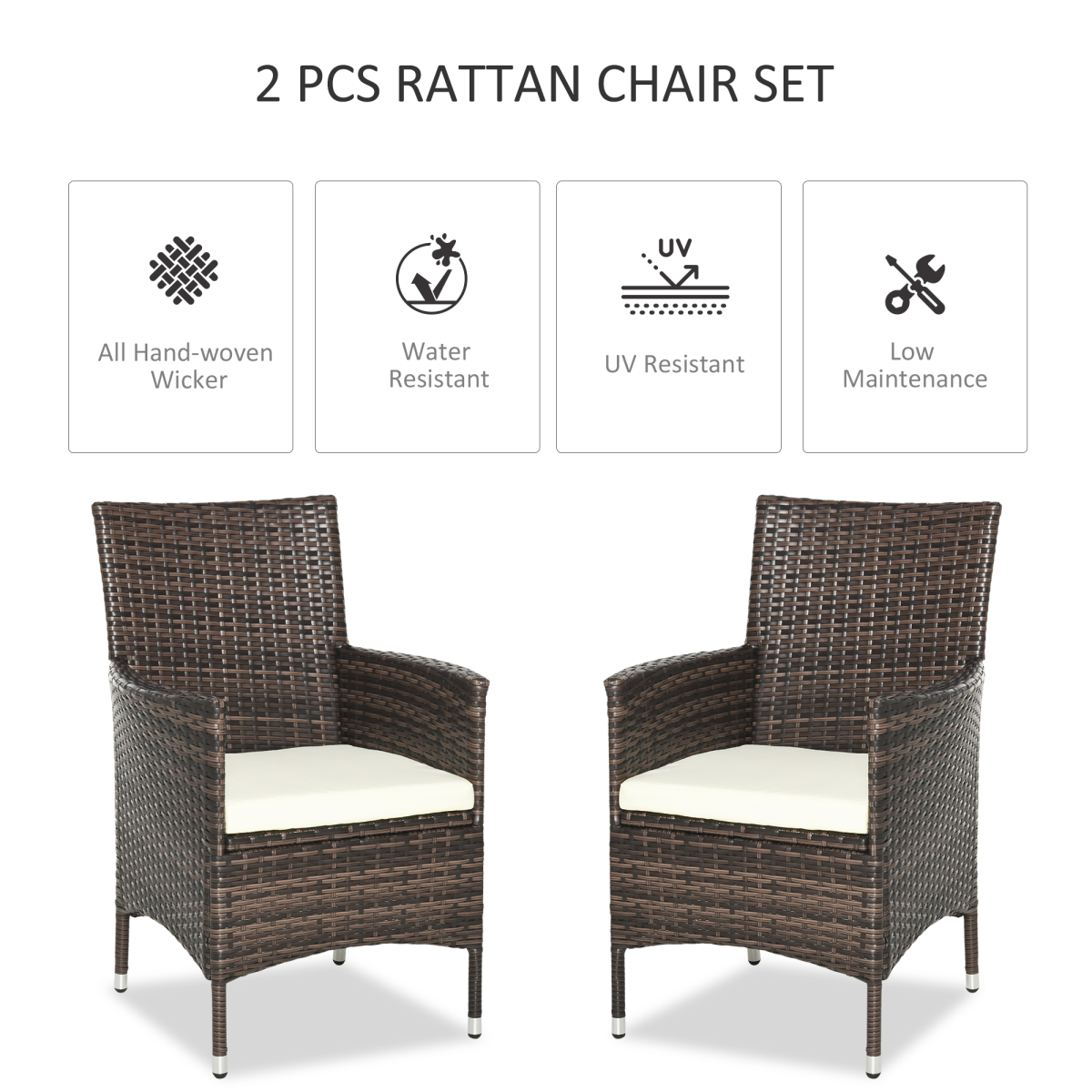 Two-Seater Outdoor Rattan Armchairs with Cushions – Mixed Brown