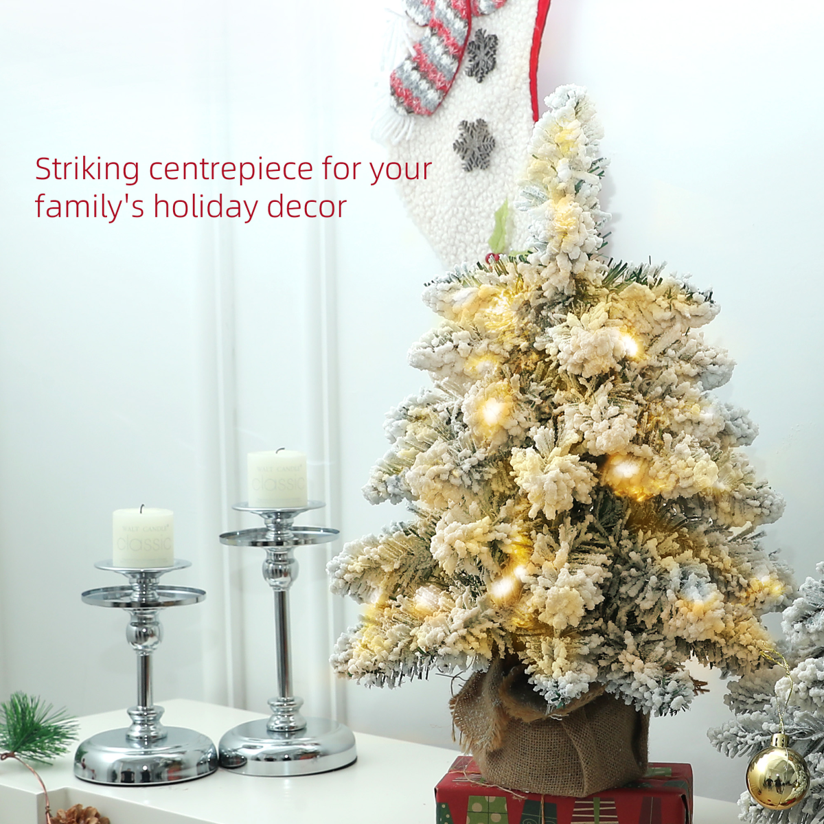 2-Piece Flocked Mini Tabletop Christmas Trees with Warm White LEDs