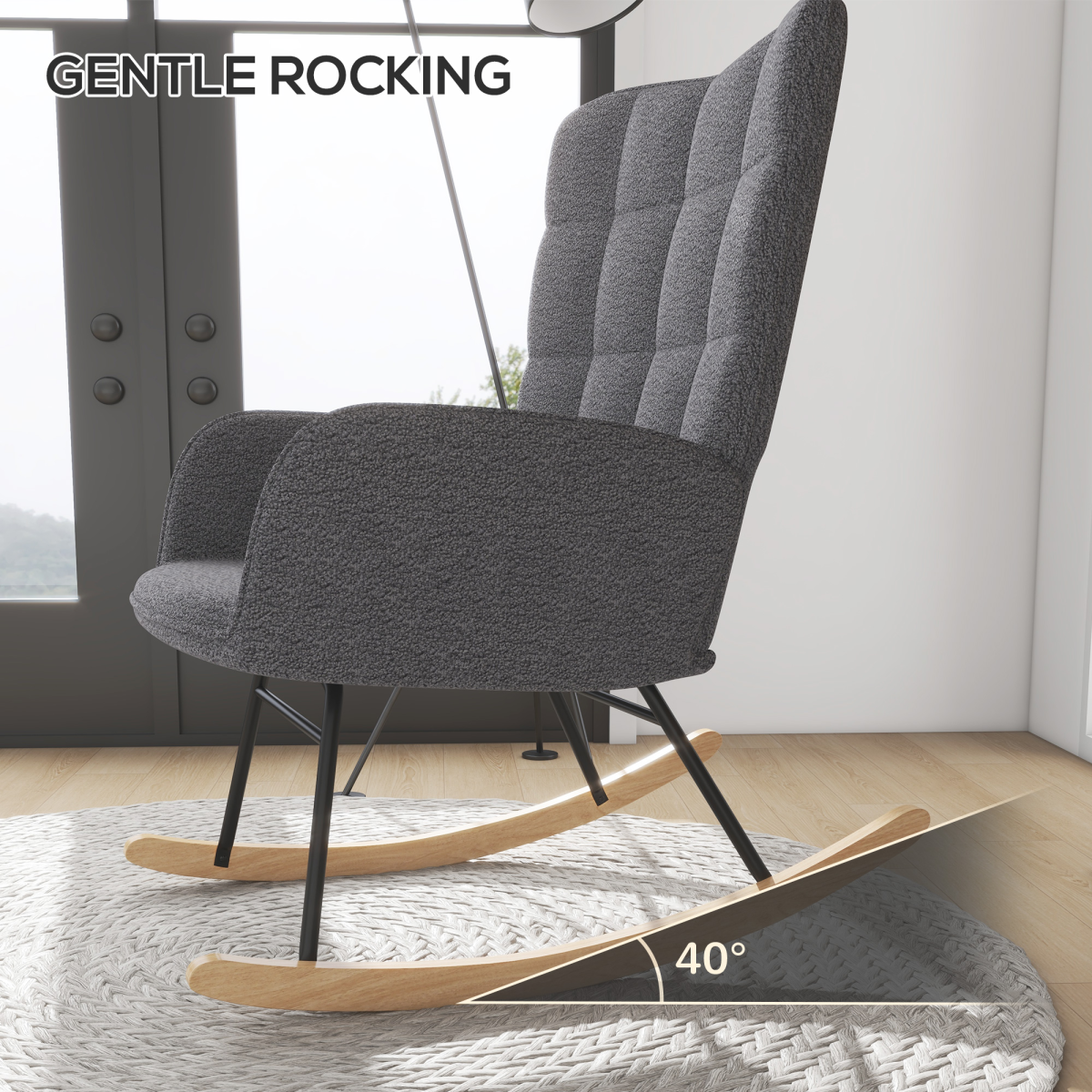 Retro Wingback Rocking Nursing Chair with Steel Frame & Wooden Base — Grey