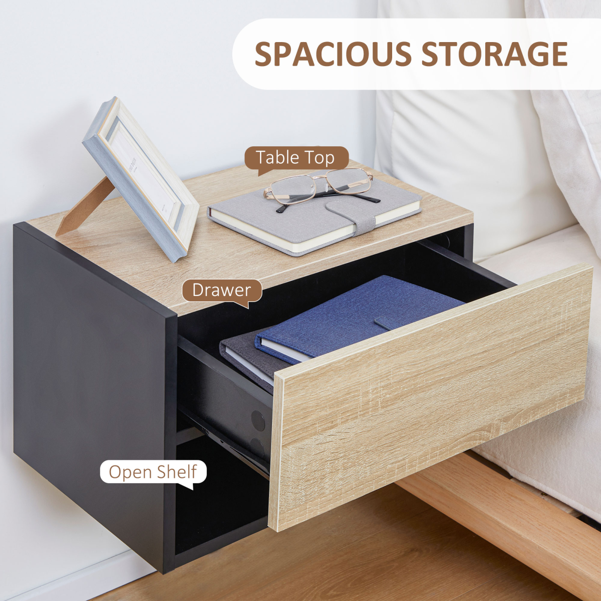 Stylish Wall-Mounted Bedside Table Set - Space-Saving with Drawer & Shelf