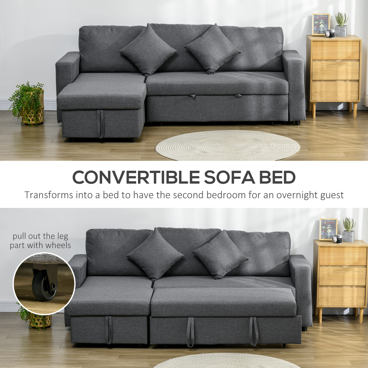 Corner Sofa Bed with Storage, 3-Seater Pull-Out, Dark Grey