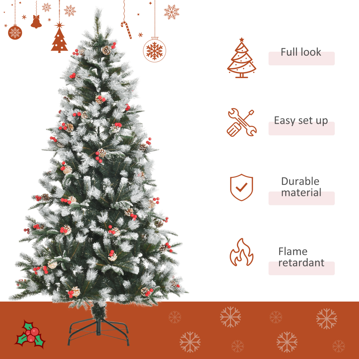 6FT Snow-Dipped Christmas Tree with Foldable Branches, Berries & Pinecones