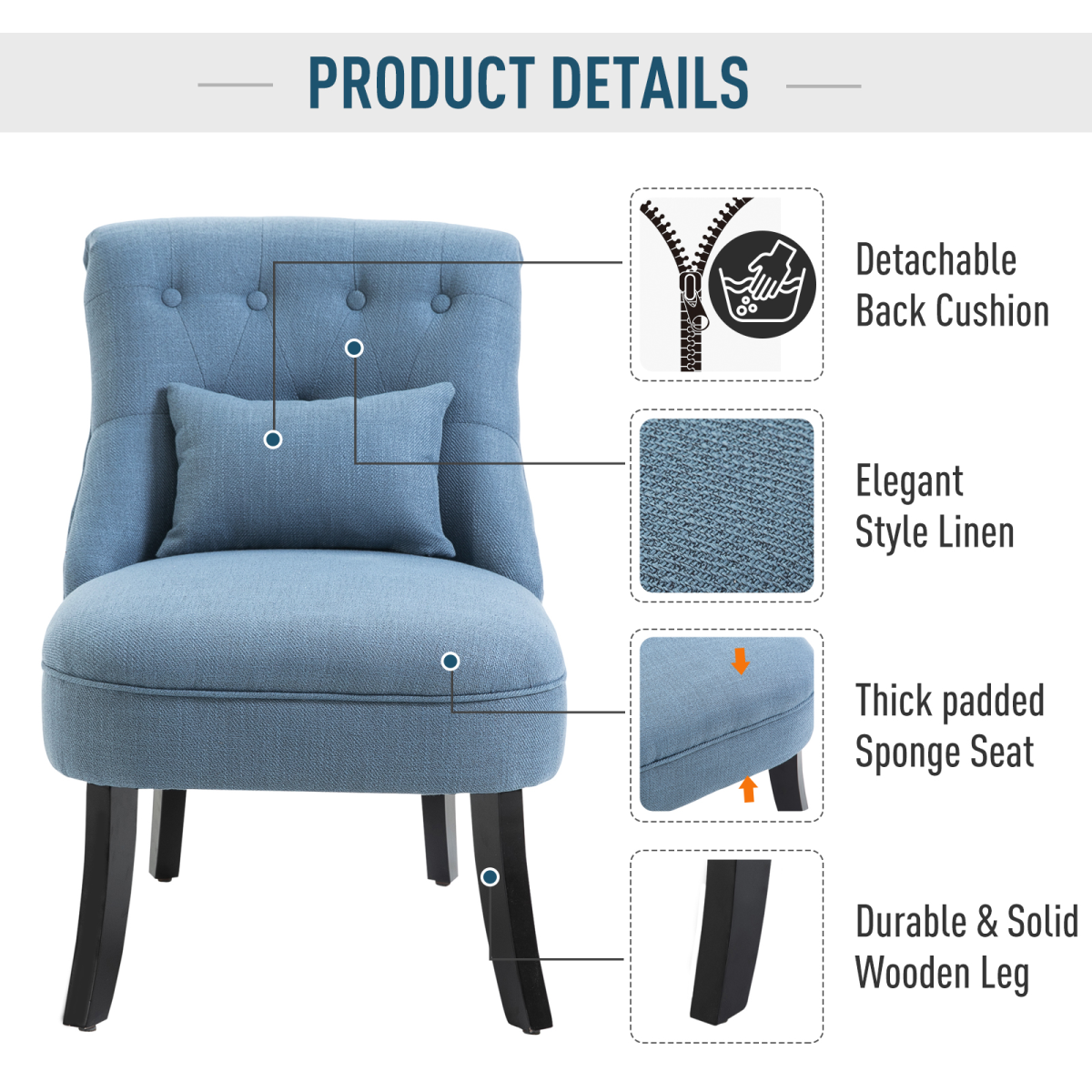 Fabric Upholstered Dining Chair with Pillow, Solid Wood Legs for Living Room