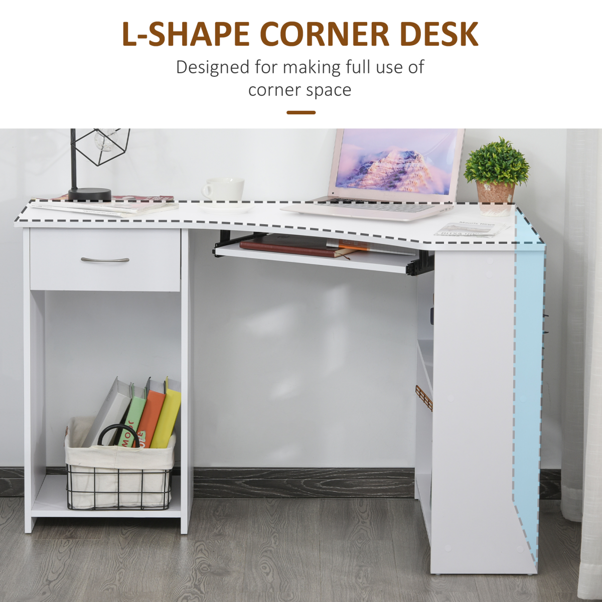 Stylish L-Shaped Corner Desk with Shelves & Keyboard Tray