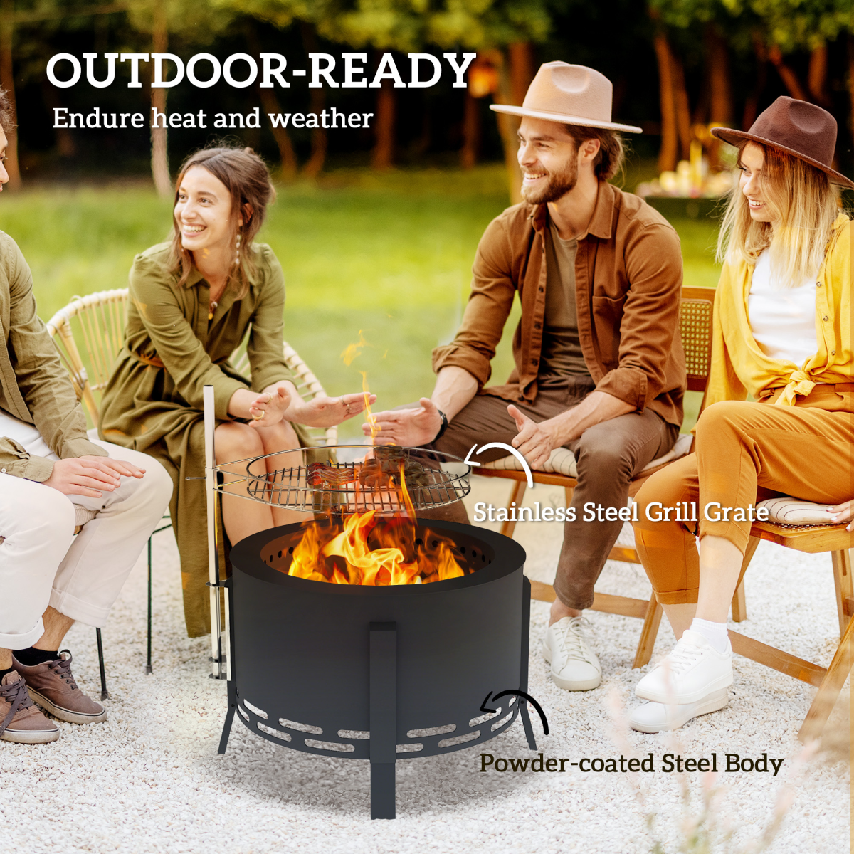 58cm Round Portable Fire Pit & Grill - Durable Black Steel Design