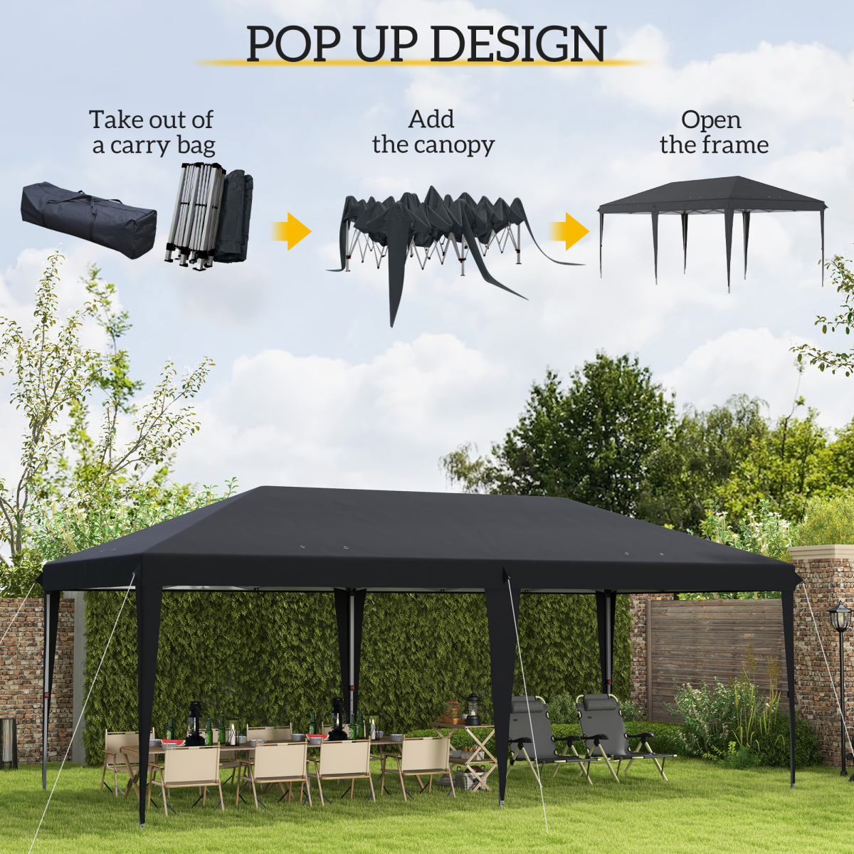 3x6m Pop-Up Gazebo with Adjustable Steel Frame, Heavy-Duty Canopy