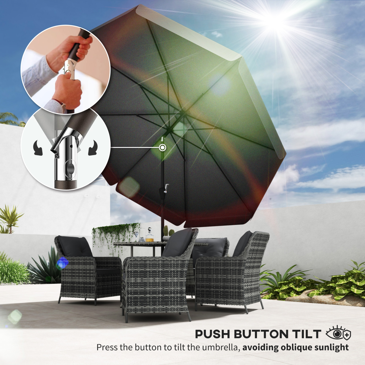 Versatile Wall-Mounted Umbrella: Tilt, Crank, & UV-Resistant Comfort