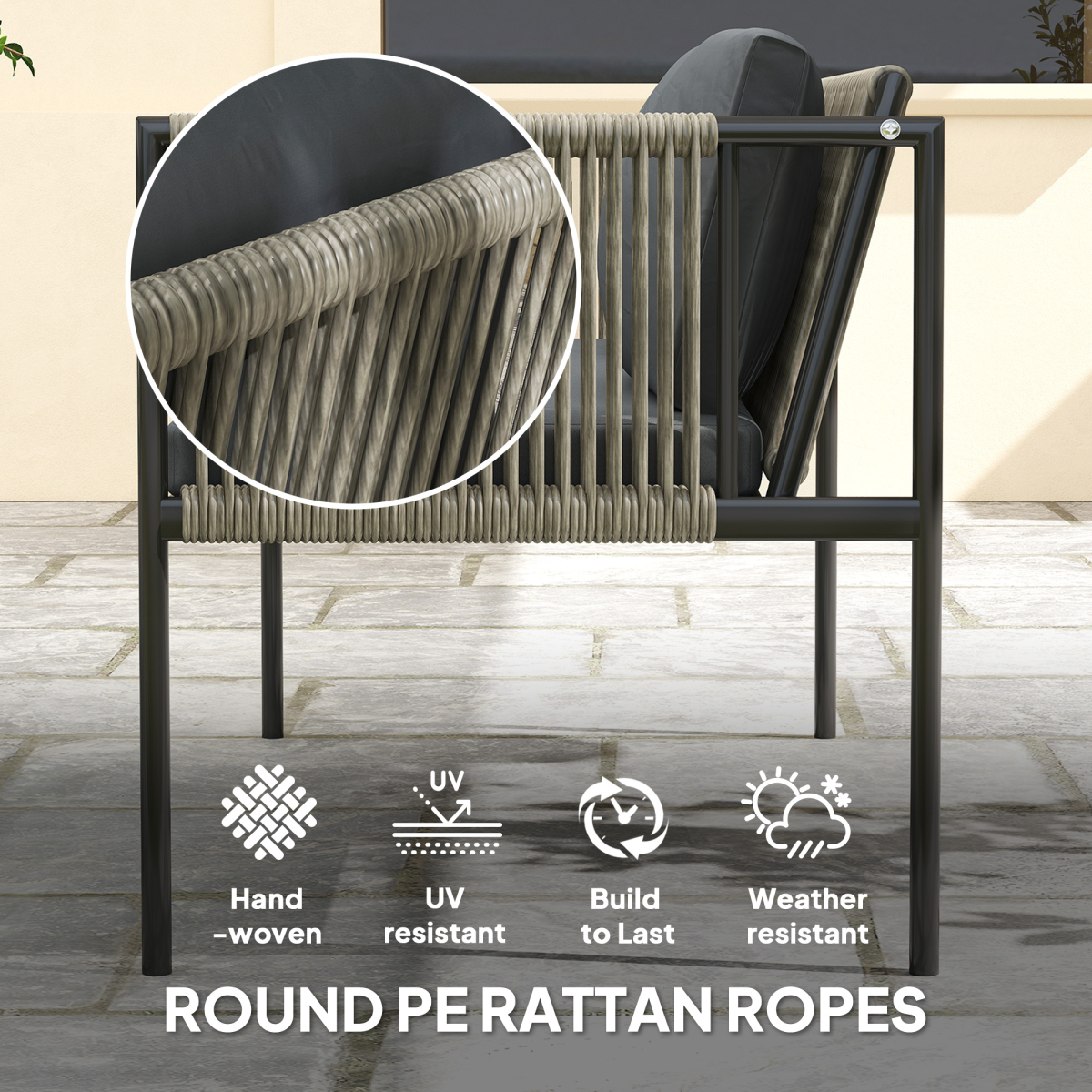 4-Piece Grey Wicker Outdoor Furniture Set with Glass Top Table