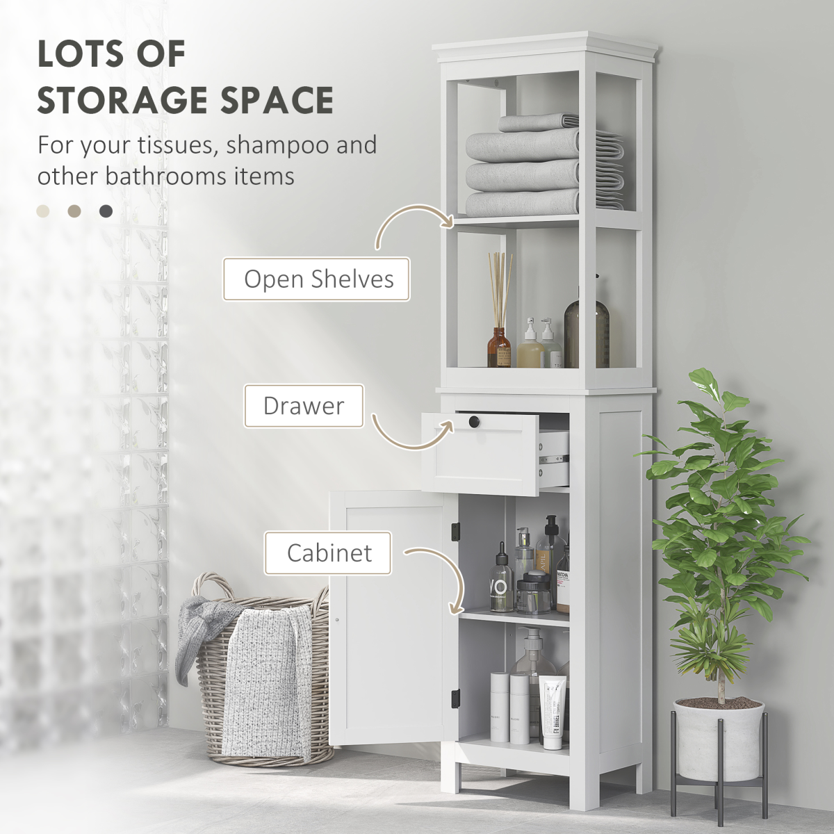 Slim Stylish Bathroom Storage Cabinet - Open Shelves & Drawer