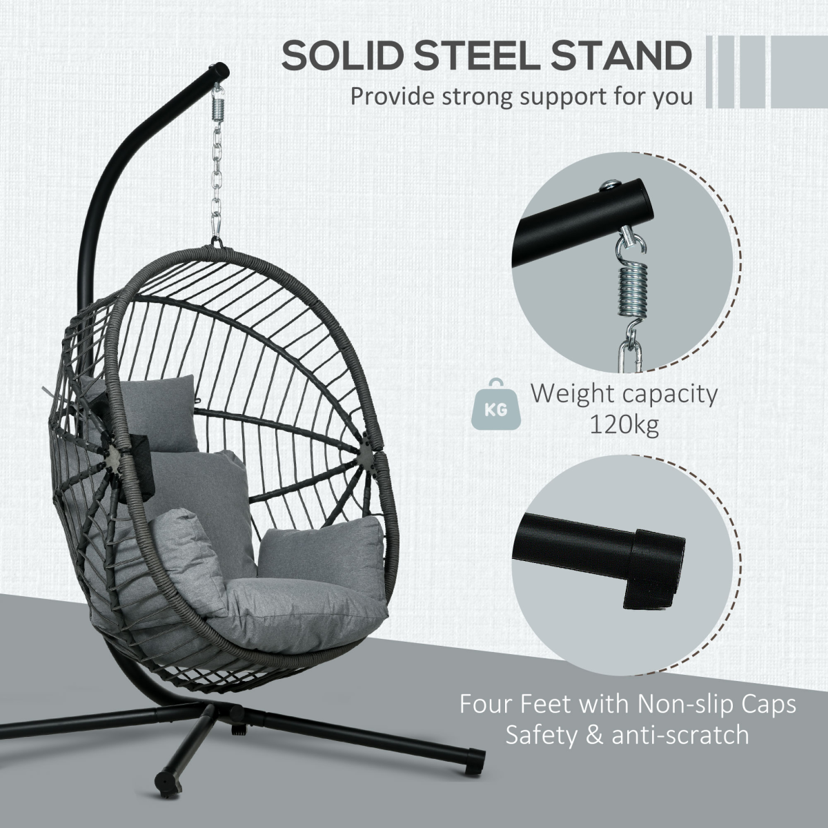 Grey Hanging Swing Chair with Thick Cushioned Seat - Patio