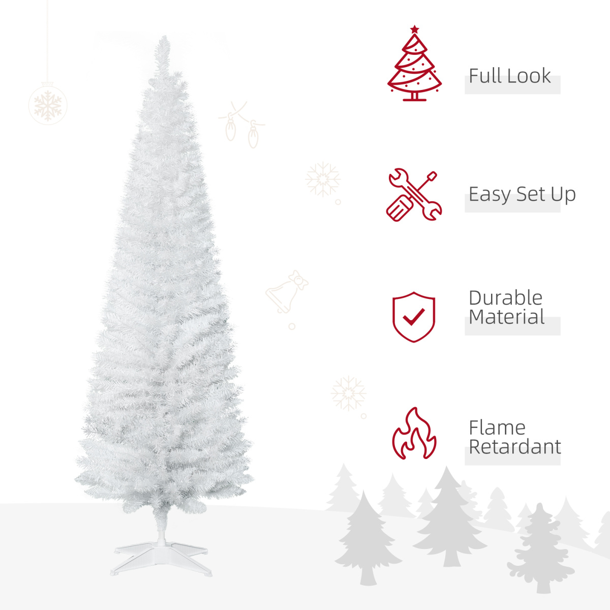 1.8m White Pencil Slim Christmas Tree, 390 Tips, Easy Setup
