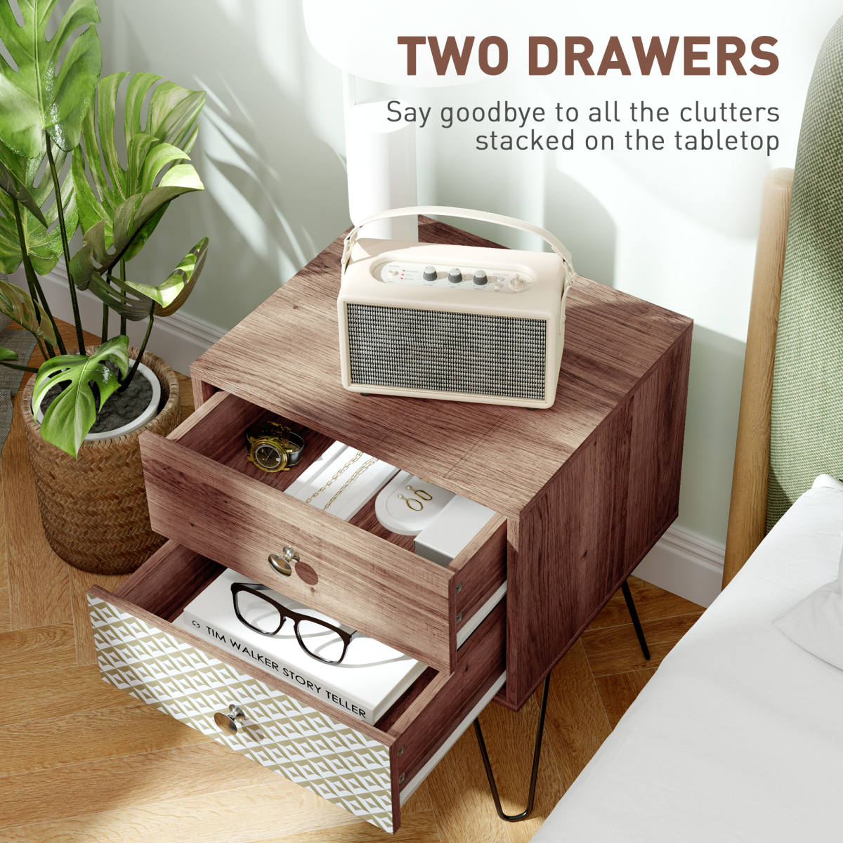 Elegant Boho Bedside Table with Storage - Stylish Wood Grain & Hairpin Legs