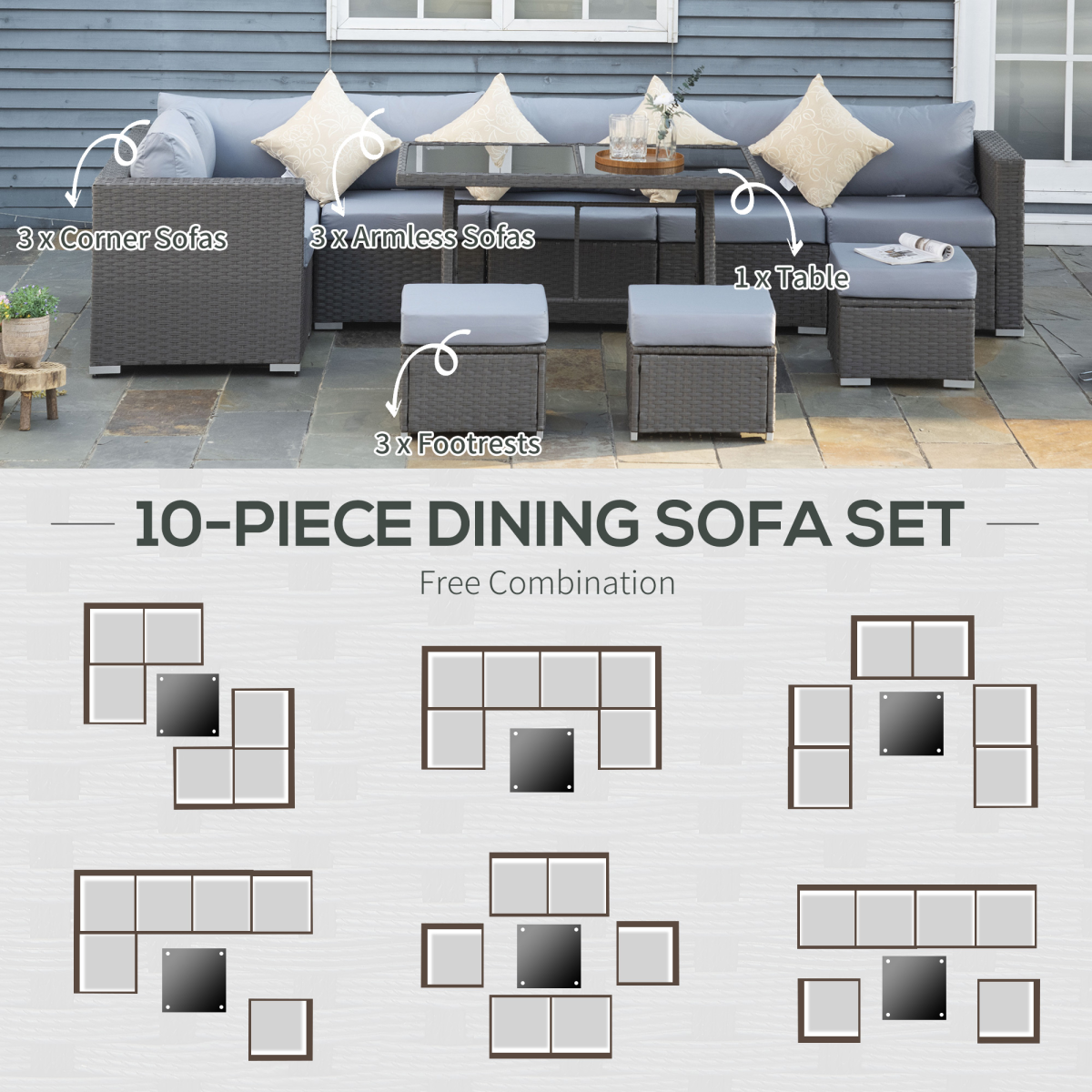 10-Piece Rattan Sofa Set with Grey and Dusty-Blue Cushions