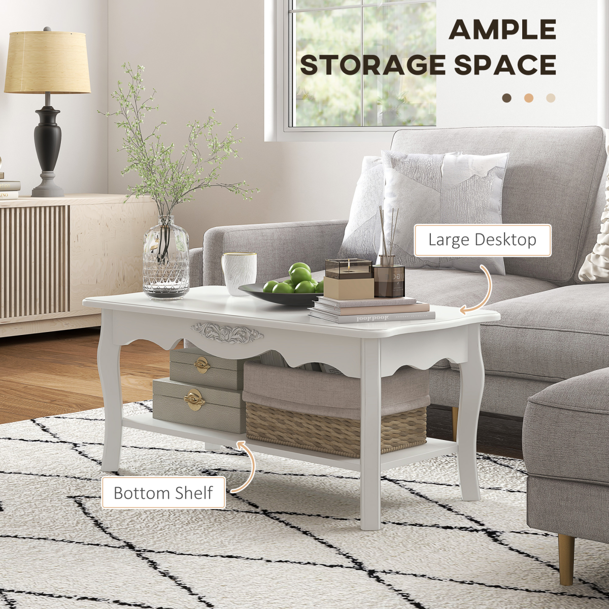 White Finish Coffee Table with Curved Legs & Magazine Shelf