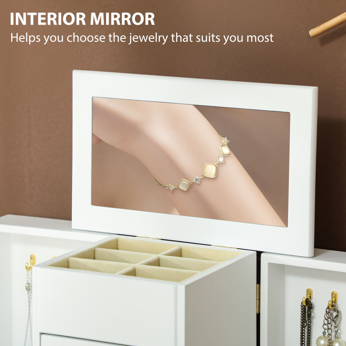 Elegant 4-Tier Jewellery Box with Mirror & Dual Drawers - White Beauty